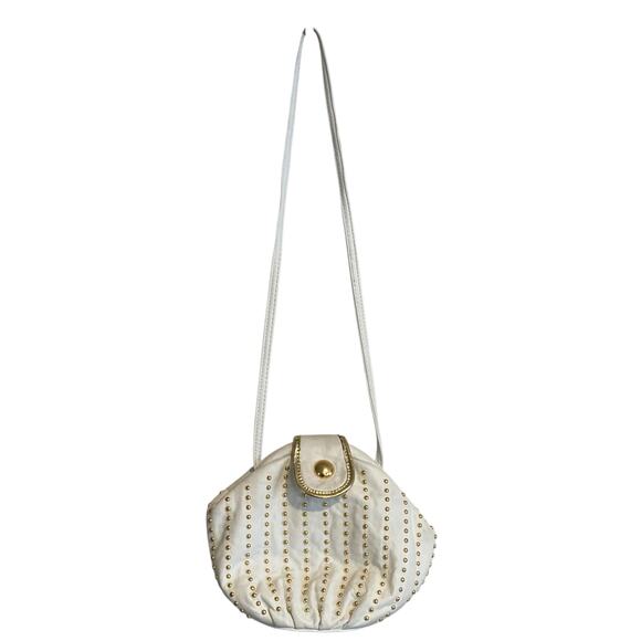 Vintage White Genuine Leather Made In USA Gold Accent Crossbody Purse - Picture 1 of 15